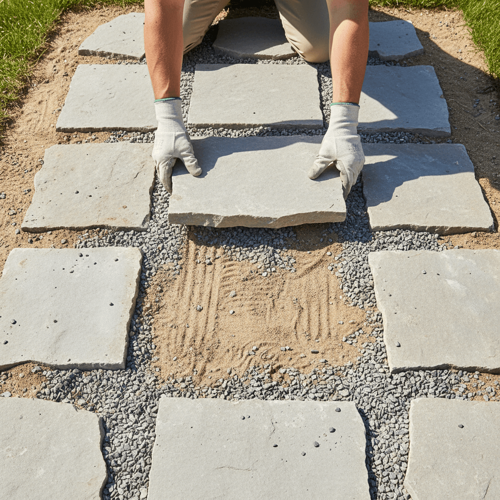 Gloved hands setting a flat stone into a level gravel base