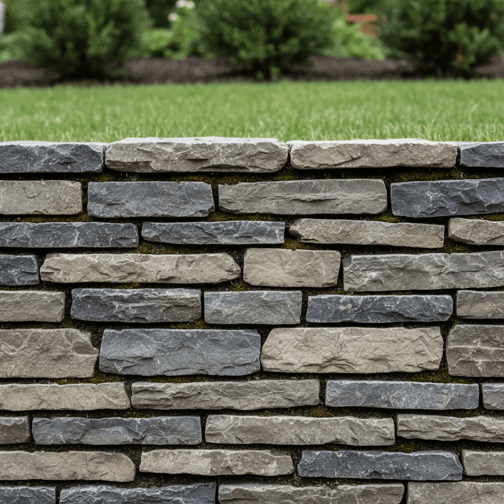 Detail of a hand-laid flagstone retaining wall with natural moss