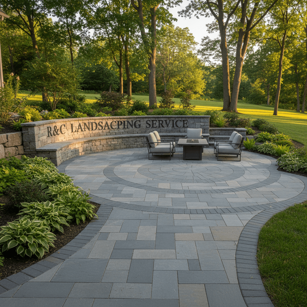 Bluestone patio and walkway with a retaining wall in a landscaped residential backyard