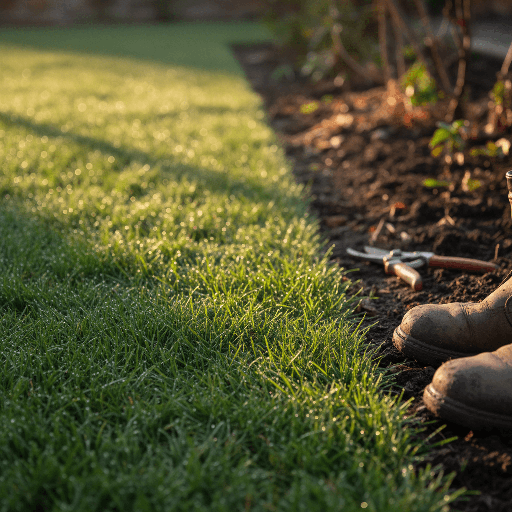 Close-up of a freshly mown lawn edge with pruning shears resting on grass