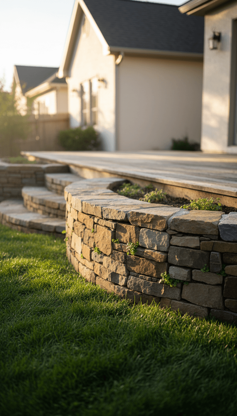 Close-up of a natural stone retaining wall in a Leominster backyard, soft morning light