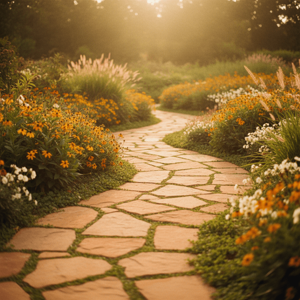 Curved fieldstone pathway winding through blooming garden flowers