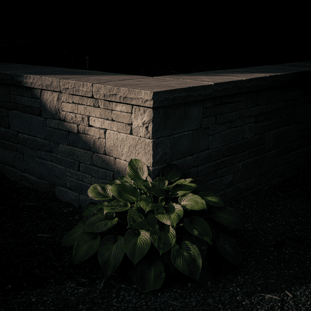Corner of a dark stone retaining wall at dusk with a hosta at the base
