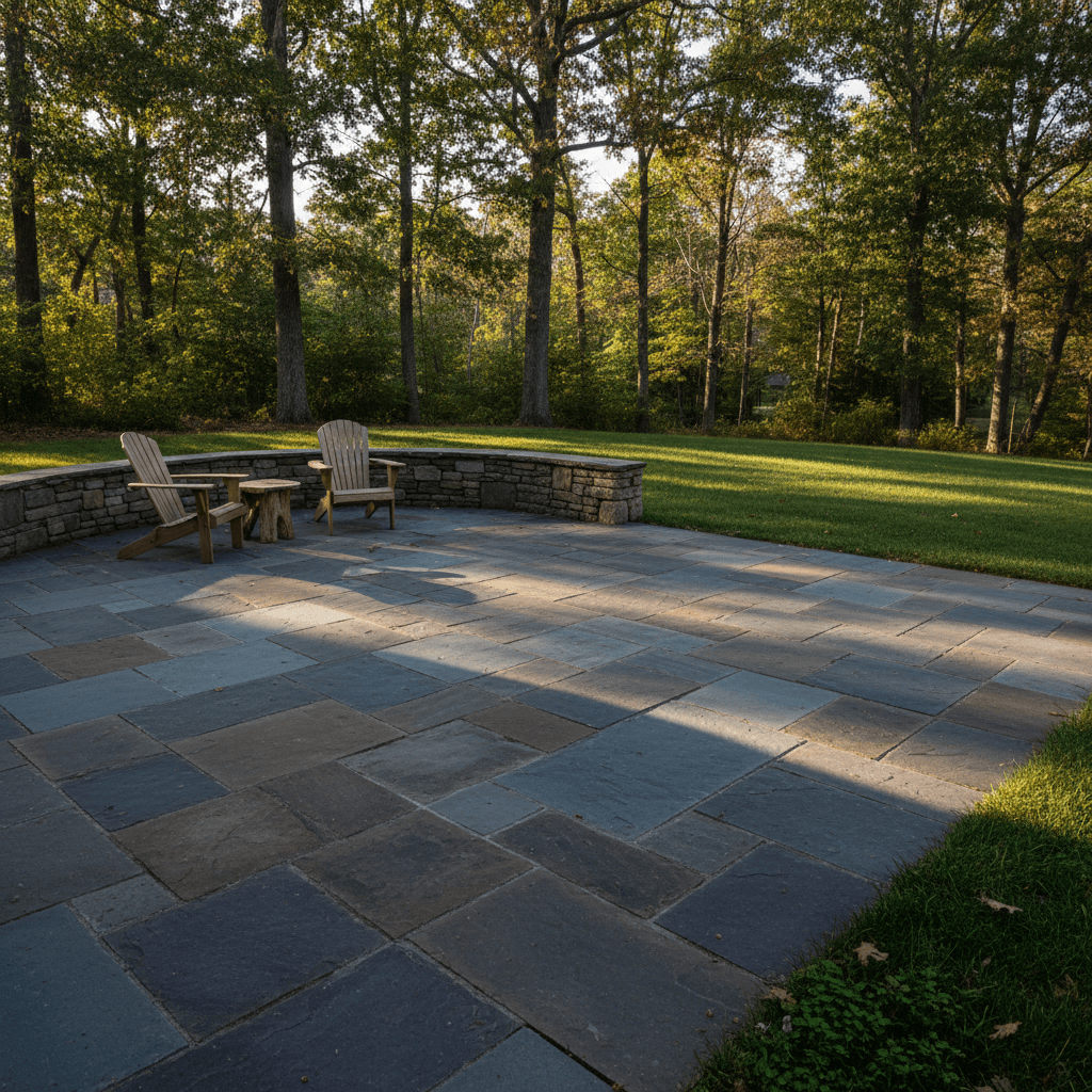 Custom bluestone patio with stone border in a shady Leominster backyard