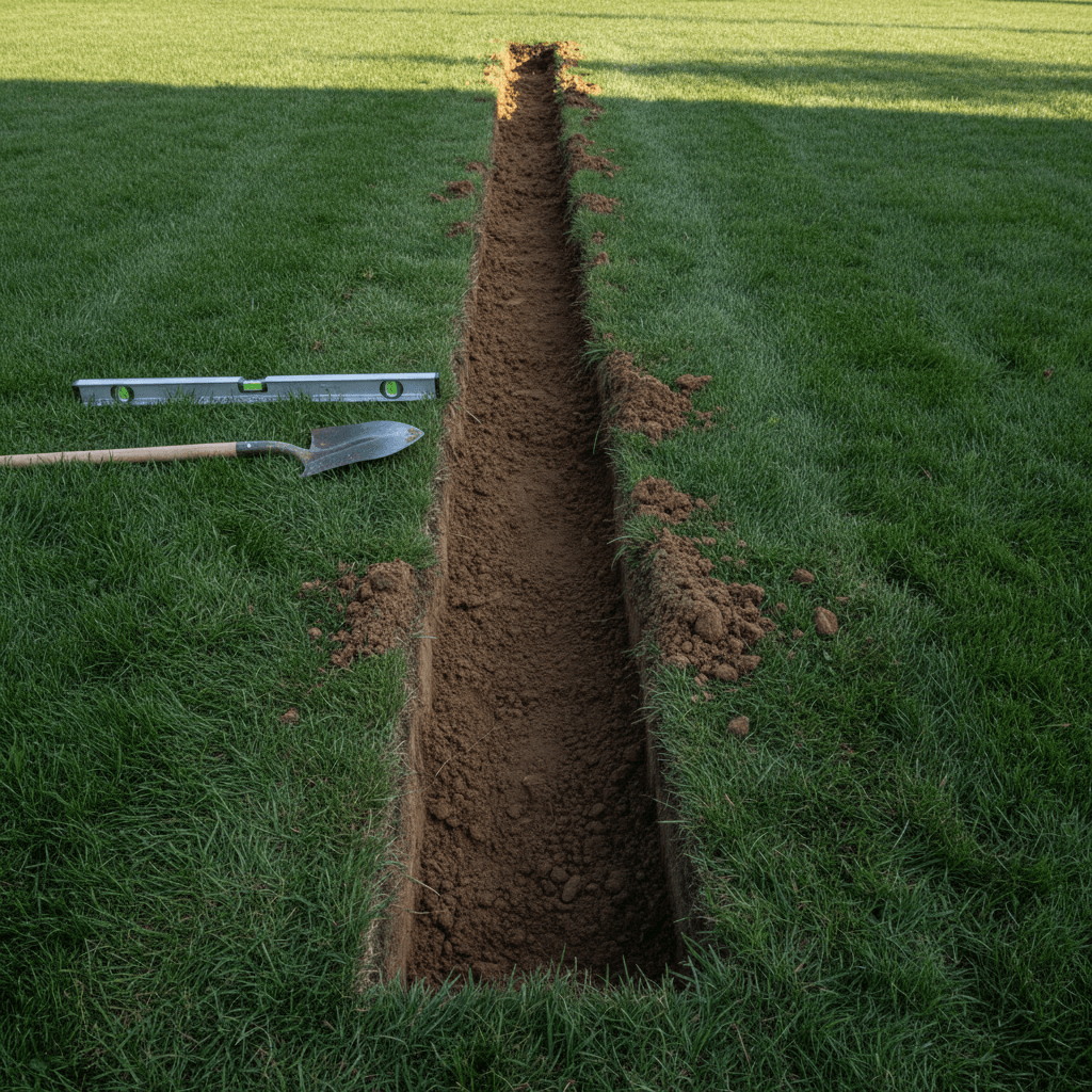 Excavated walkway trench with tools left mid-work in a Leominster yard