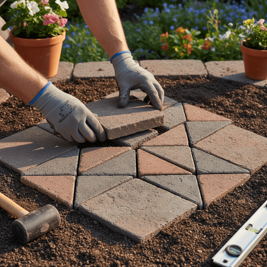 Hands in work gloves placing a fieldstone for a garden walkway