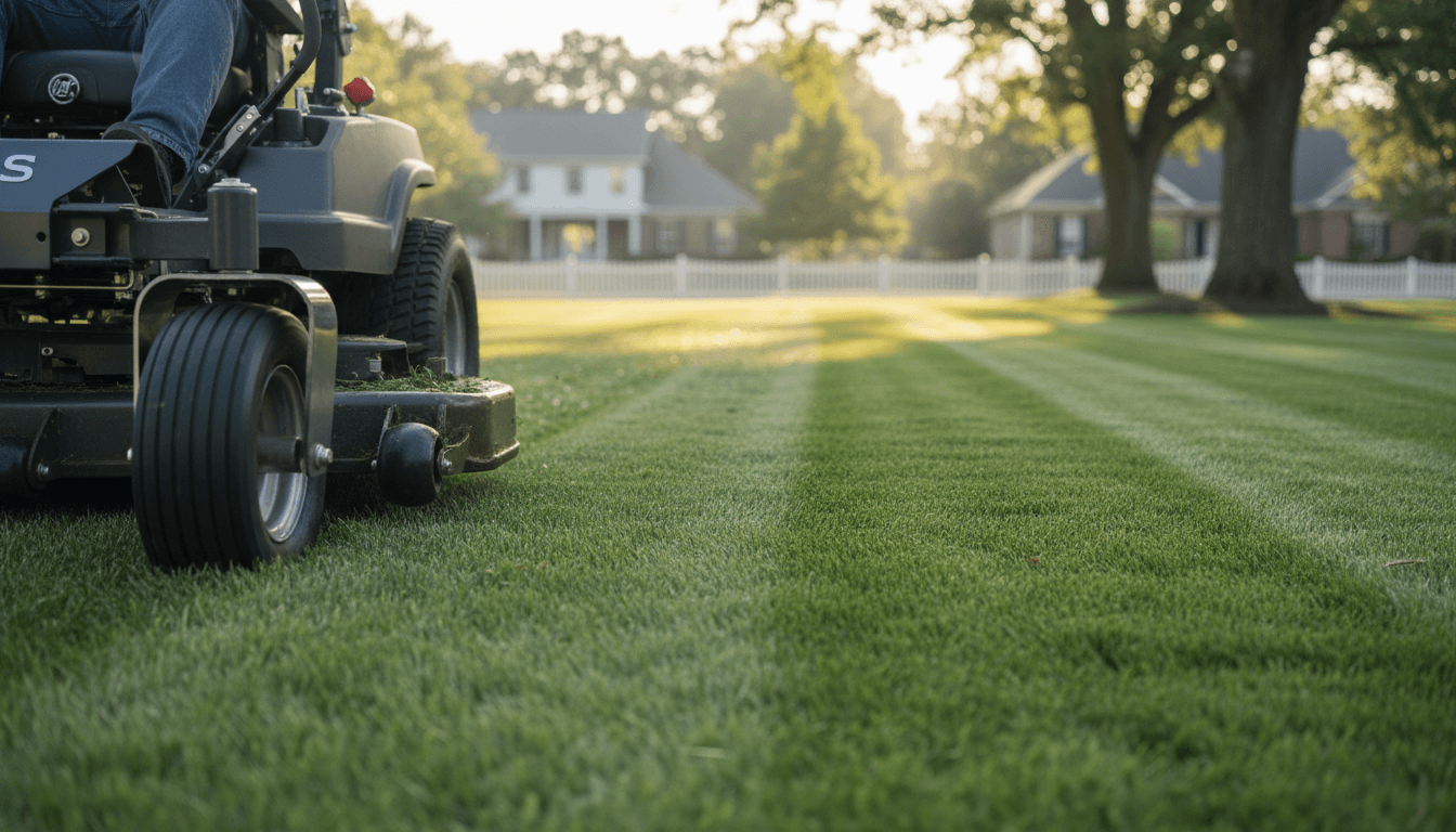 Mowed lawn with striped pattern and mulched flower beds