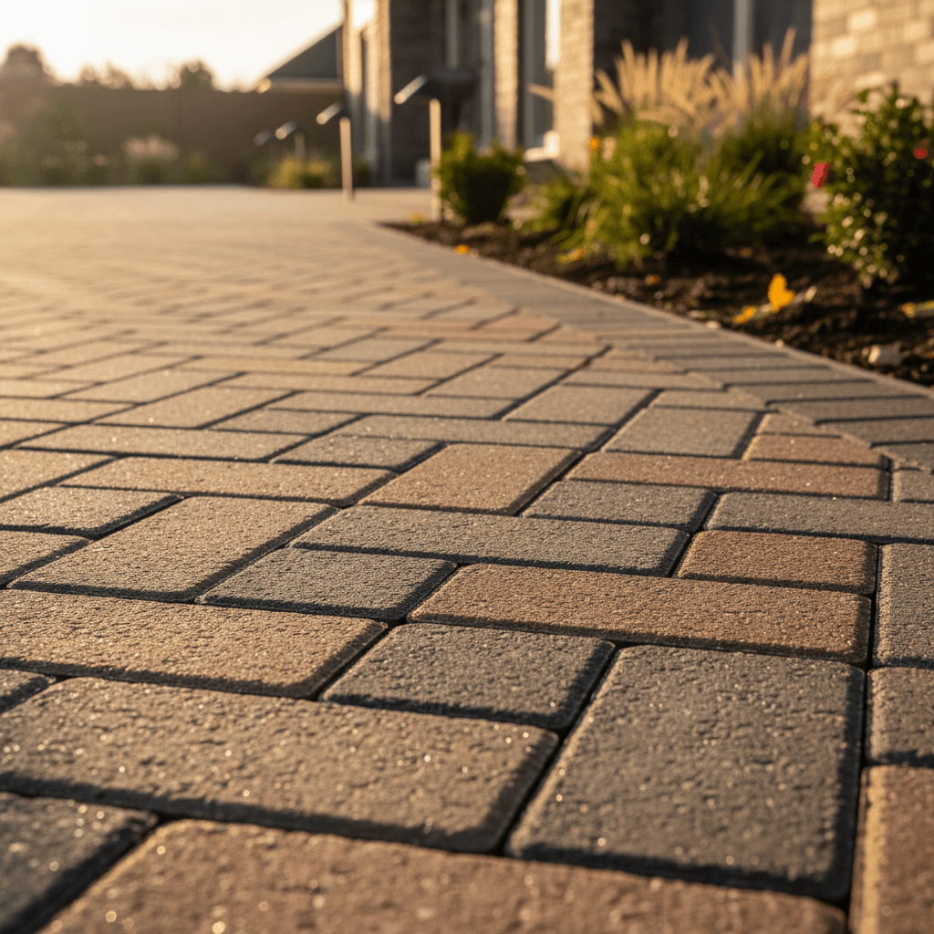 Close-up of herringbone brick paver walkway with an oak leaf