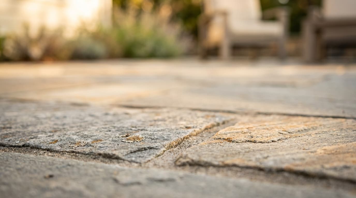 Landscaper kneeling on a freshly laid patio in Leominster