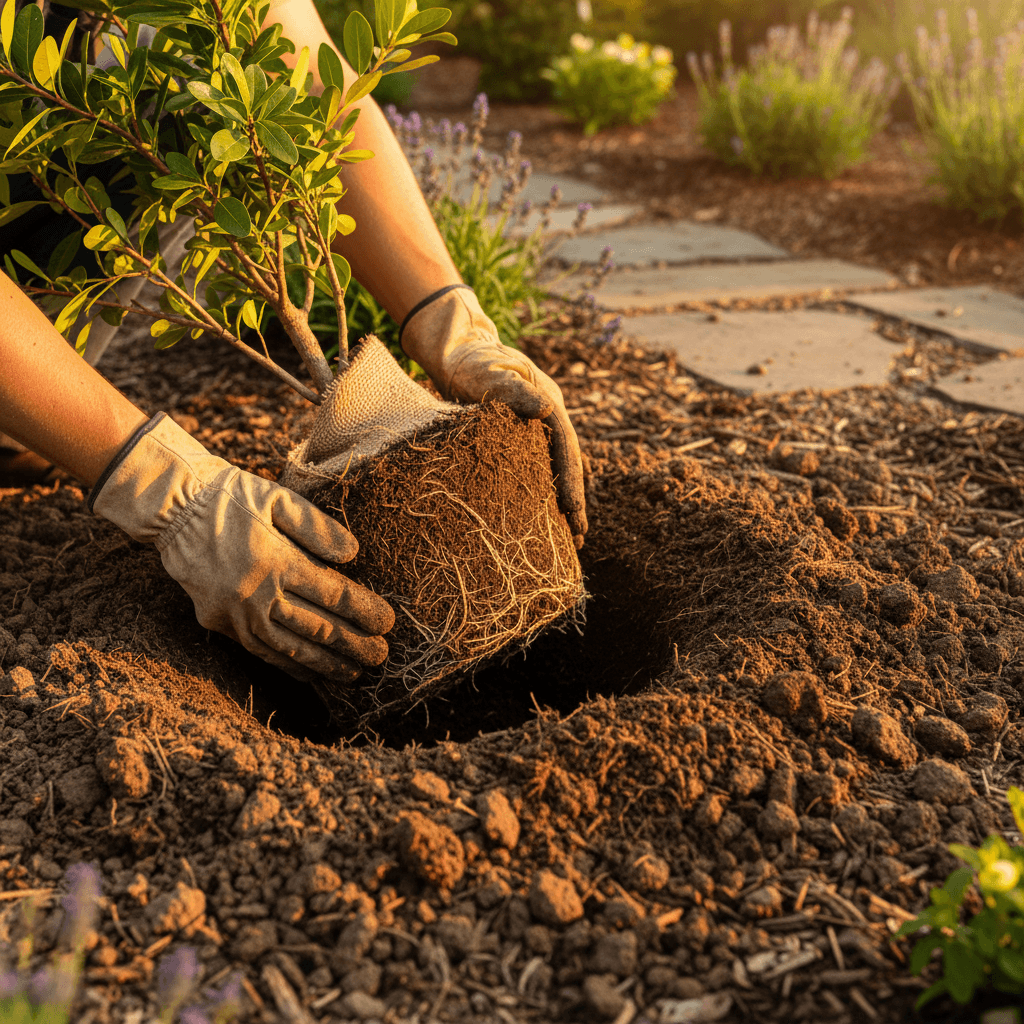 Landscaper's hands planting shrub in soil with garden mulch and stone pathway visible in background