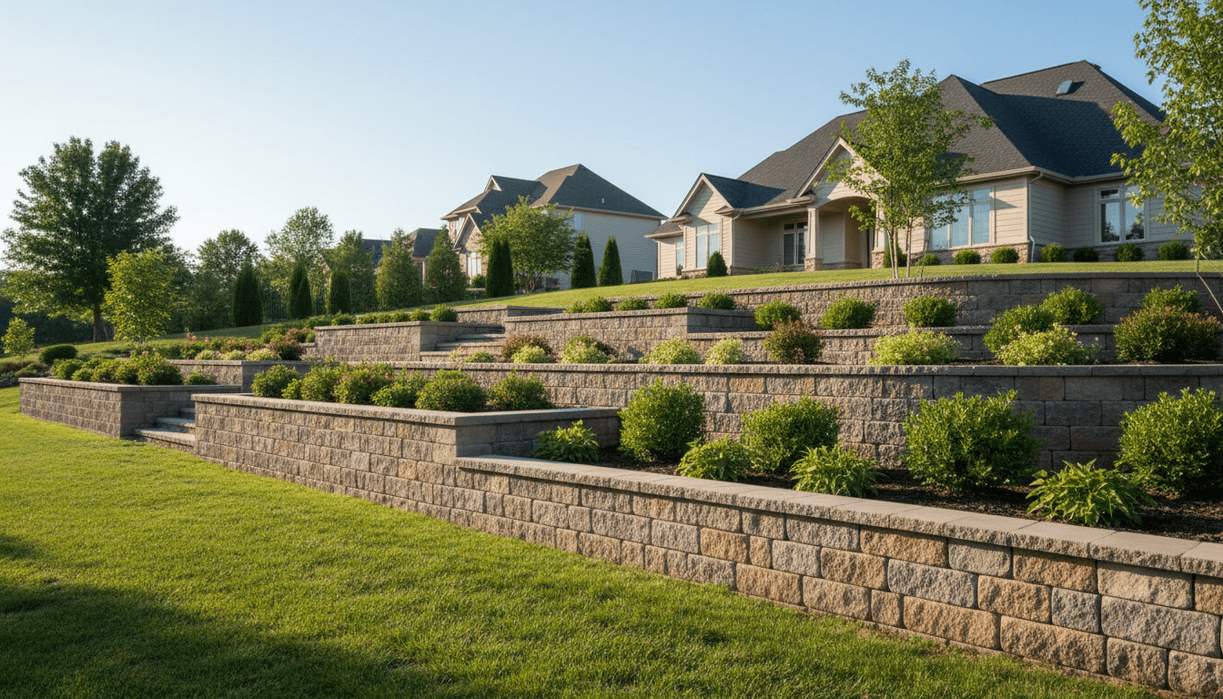 Curved granite retaining wall with boxwood plantings in a Leominster front yard