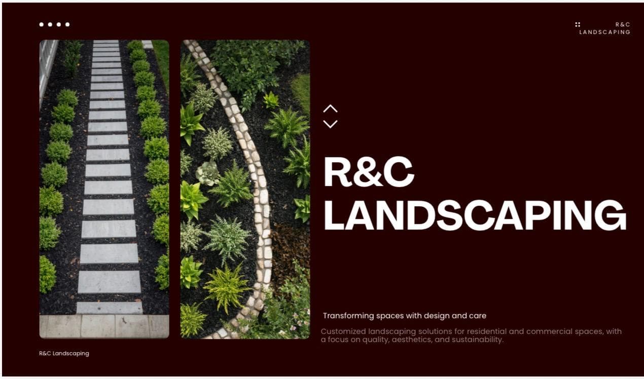 R&C Landscaping advertisement displaying a modern stone path and a curved garden with vibrant greenery.